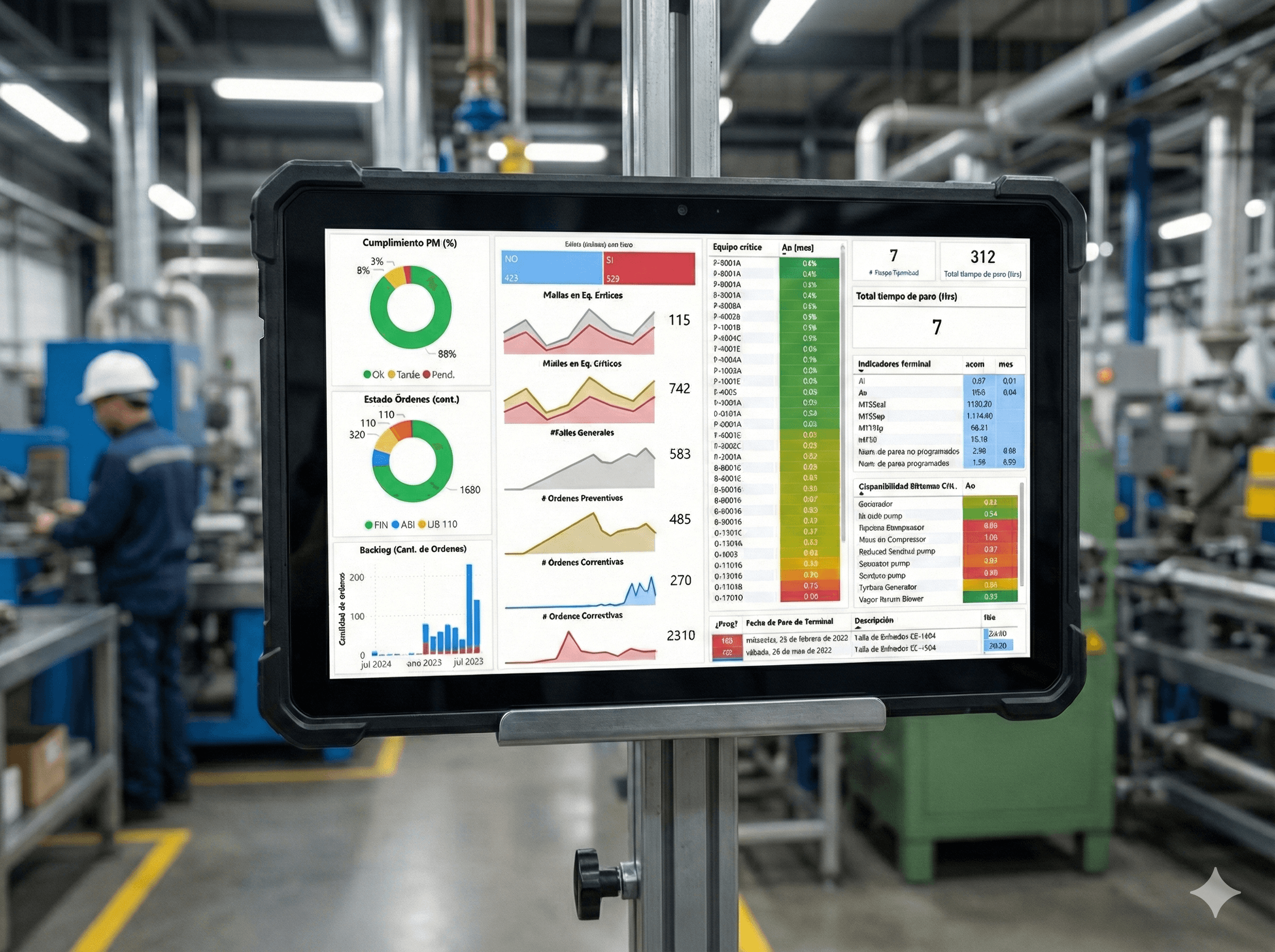 Tablero de control con indicadores KPI para gestión de mantenimiento industrial